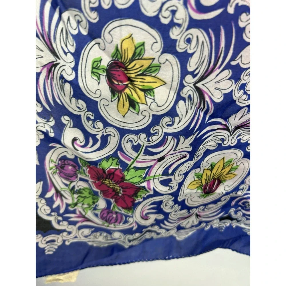 Vintage Silk Scarf Large Blue Floral Victorian Square Blue Pink Old Money 31x31